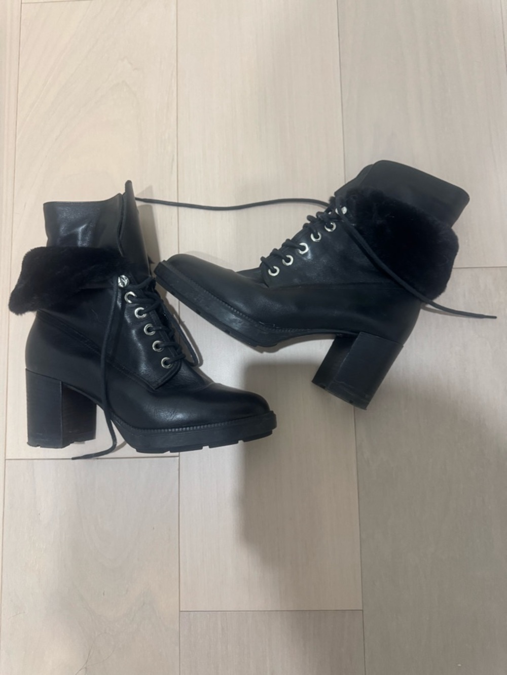 Aquatalia Black Leather Lace-Up Fur-Cuff Block Heel Boots